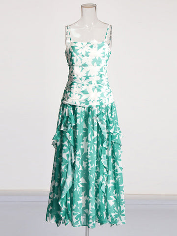 Holiday Style Dress 2025 Spring New Print Pressure Frills Light Mint Leaf Side Braid Dress Woman